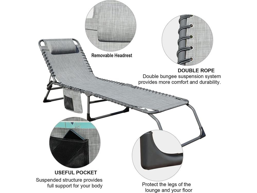 Foldable Patio Chaise Lounge Chair for Outdoor with Detachable Pocket and Pillow, Portable Adjustable Sun Lounger Recliner for Beach, Camping and Pool Style Your Walls